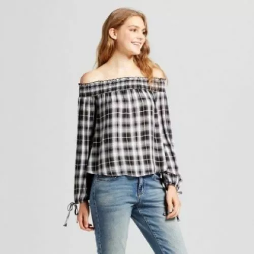 Mossimo Supply Co NWOT Black Plaid Off The Shoulder Top Various Sizes XS-XXLG