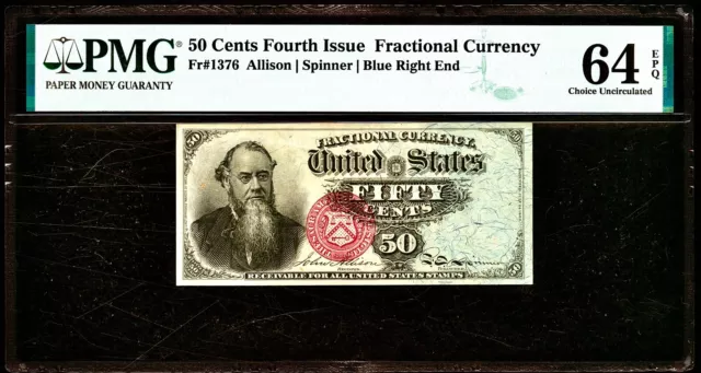 Fractional Currency Fr. 1376 Fourth Issue 50¢ Blue Right End PMG Choice 64EPQ