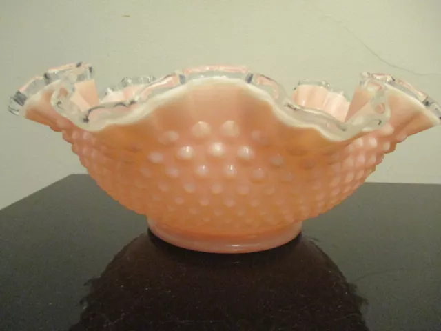 RARE Vintage Art Glass Pink Pastel Rose Hobnail Silver Crest 11-3/4 Ruffled Bowl