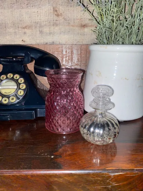 French Vintage Style Perfume Bottle & Pretty Pink Glass Jar Vase Pot Shabby Chic