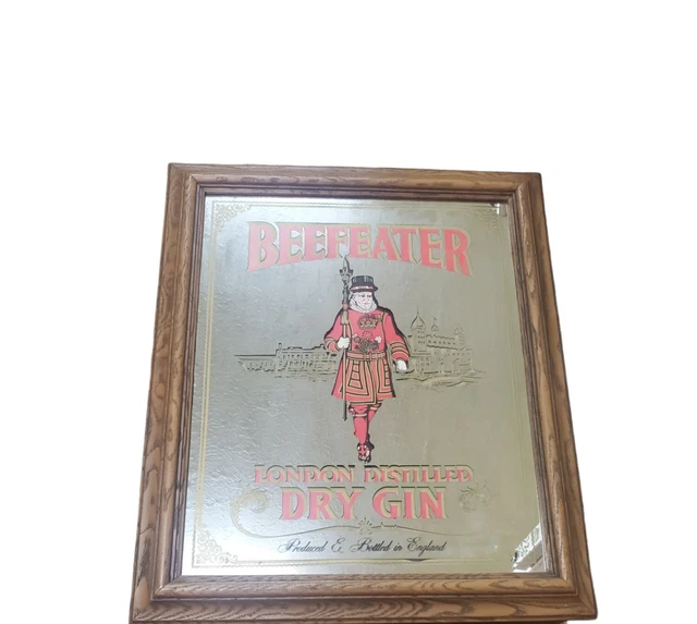 Vintage Beefeater Mirror Hanging Bar Sign London Distilled Dry Gin Wood Man Cave