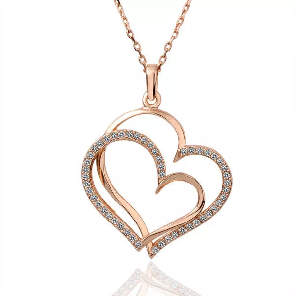 18K Rose Gold Filled Solid Double Heart Pendant Necklace With Swarovski Crystal