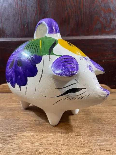 Hand Painted Mexican Folk Art Purple Yellow Flowers Piggy Bank Fancy Floral Pig