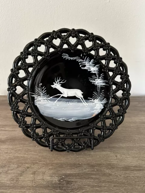 Handpainted Westmoreland Black Glass Mary Gregory Winter Scene Deer 8.5" Plate