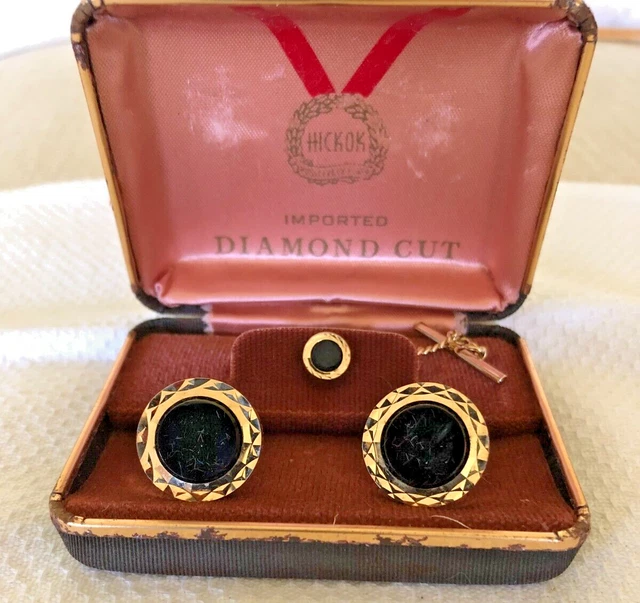 Vtg Gold Tone HICKOK Black Lucite Diamond Cut Cufflink Tie Tack SET Orig Box