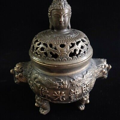 Old Chinese bronze copper handmade Buddha head lid incense burner Xuande Mark