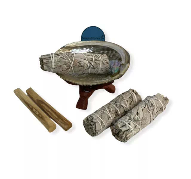 Small Size Smudge Kit - Shell + Stand + Sage + Palo Santo (1 Kit) #JC-211