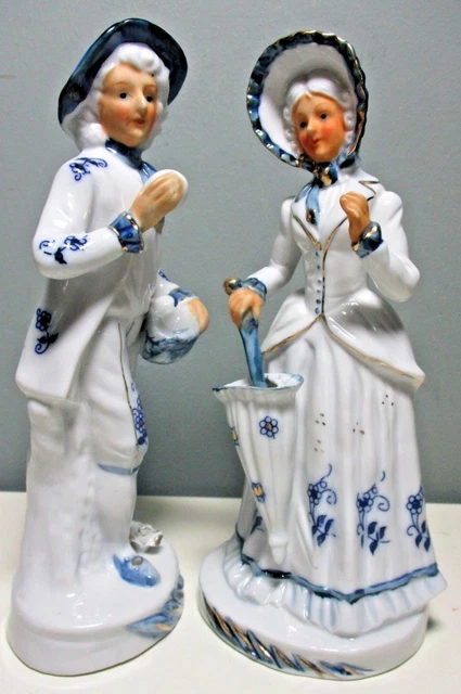 8" Victorian PORCELAIN FIGURINES ~ BLUE & WHITE w/Gold Highlights ~ Set of 2