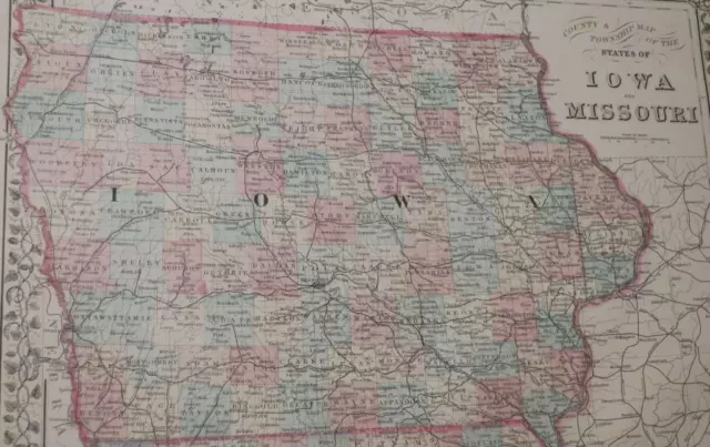 ORIGINL 1880 Mitchells New General Atlas COLORED MAP:IOWA, MISSOURI & ST. LOUIS 2