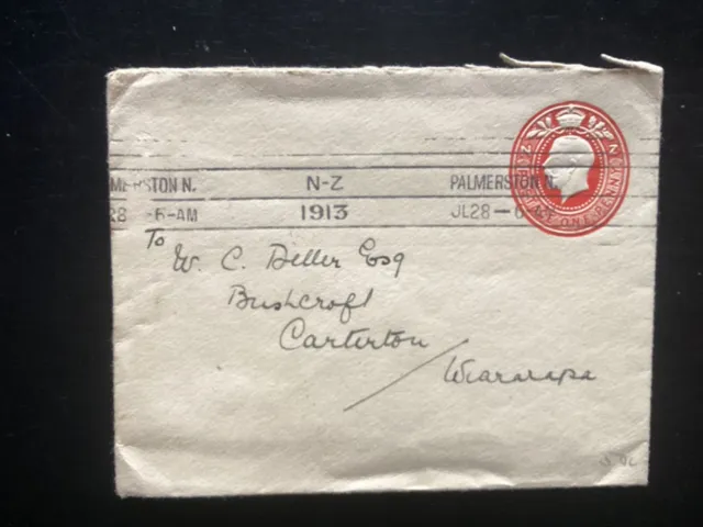 Nueva Zelanda 1913 GV 1d Postal Estacionario Rojo Env from Palmerston N. to Carterton (NZF585)