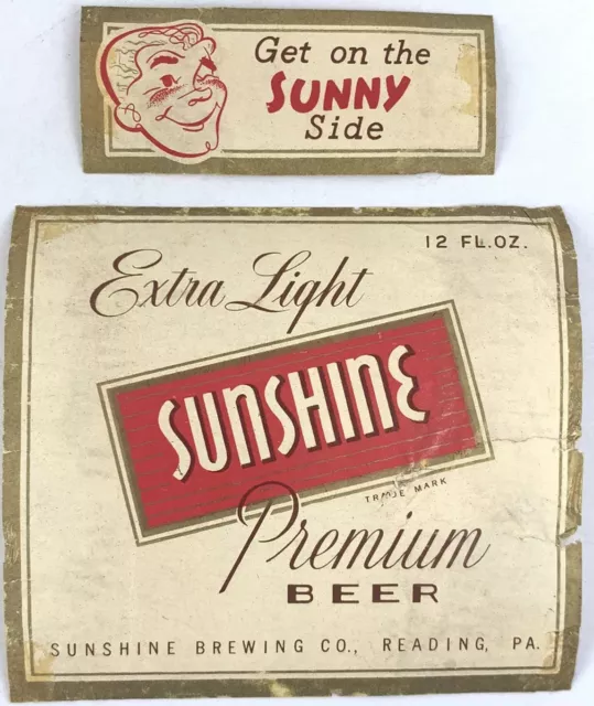 Vintage Extra Light Sunshine Premium Beer Label Reading Pennsylvania & Neckband