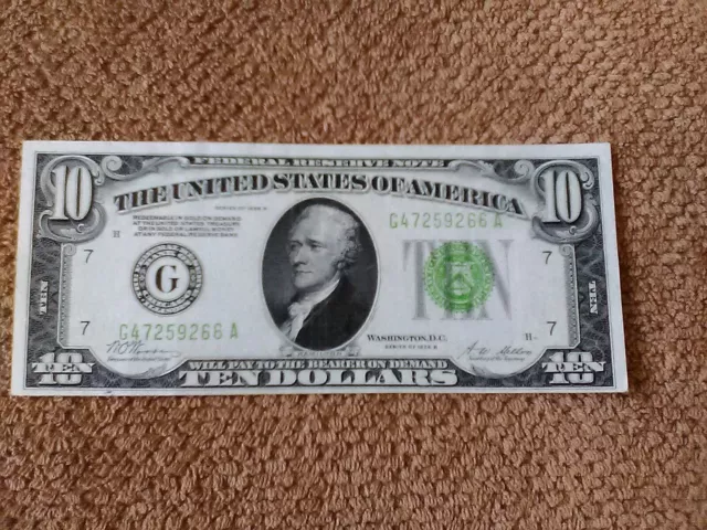 1928 Series B $10 Ten Dollar Note,Very Nice, Lime Green Seal, Au, Chicago-Issued