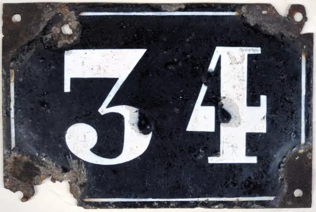 Large old black French house number 34 door gate plate plaque enamel metal sign