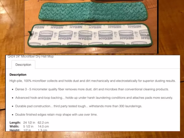 2 Rubbermaid Q424 HYGEN Hall MICROFIBER Dry Mop Pad 24’ Fits Q570 RCPQ42400 NEW