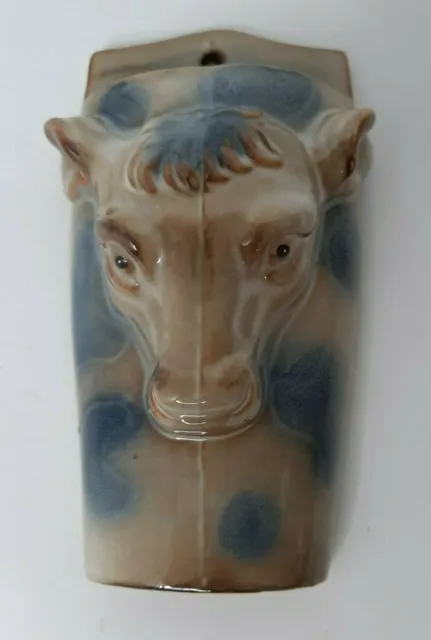 Cow Head Wall Pocket Ceramic Hanging Country Home Decor 6" x 3.5" Tan Blue