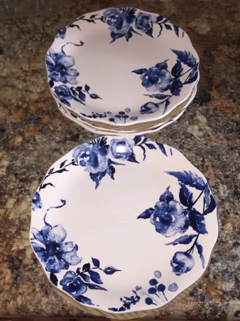 NEW 4 BICO Watercolor Blue White Floral Ceramic 10-3/4" Scalloped Dinner Plates