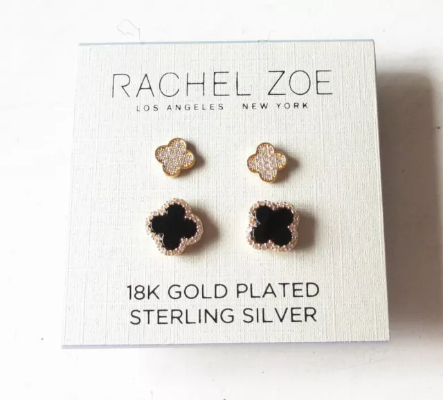 Rachel Zoe 18K Gold/Sterling Silver Black Onyx & Pave Clover 2 Pair Earrings NEW