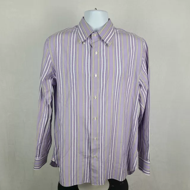 ISAIA Napoli Dress Shirt Mens 16.5 Purple White Striped Cotton Linen Button Up