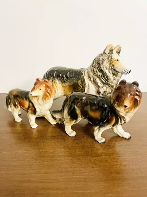 Beautiful Set Of 3 Vintage Ceramic Collie Lassie Sheltie Dog Figurines Japan