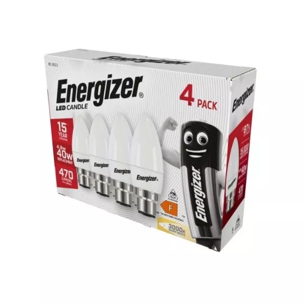 4 x Energizer LED Kerze B22 (BC) Glühbirnen 470 Lumen 4,9 W 3.000K Warmweiß