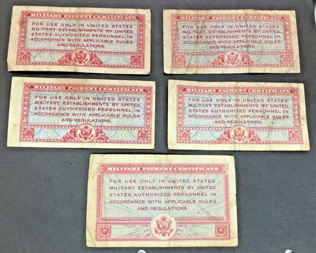 5 US Military Payment Certificates MPC Series: 471, Issued in 1947, Genuine 2