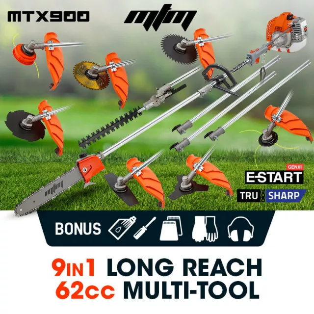 MTM 62cc Pole Chainsaw Hedge Trimmer Saw Brush Cutter Whipper Snipper Multi Tool