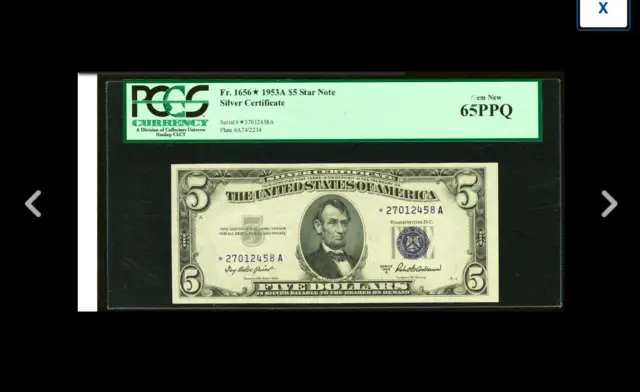 Wow. Star Note Gem Deep Blue Inks Pcgs Gem 65 Ppq  $5 1953A Silver Certificate=