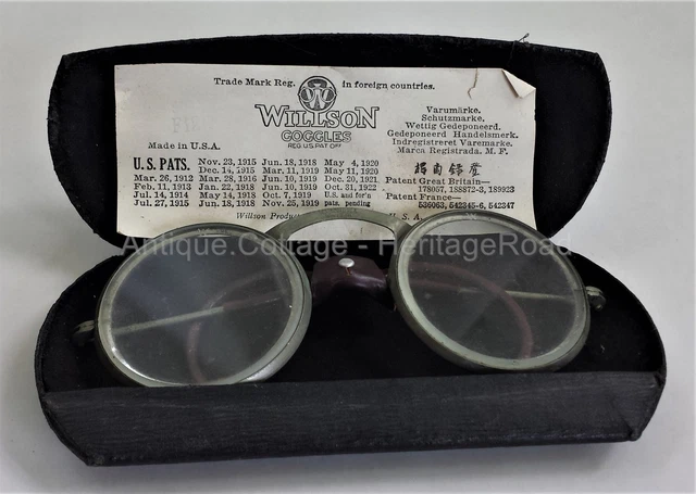antique WILLSON GOGGLES w CASE eyeglasses engaved "W"