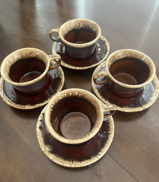 Vintage Hull Pottery Crestone Cup & Saucer 8 oz Coffee Mug Set Brown Drip 8 Pc