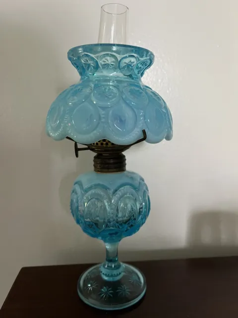 L.G. Wright Moon And Stars Blue Opalescent Miniature Oil Lamp