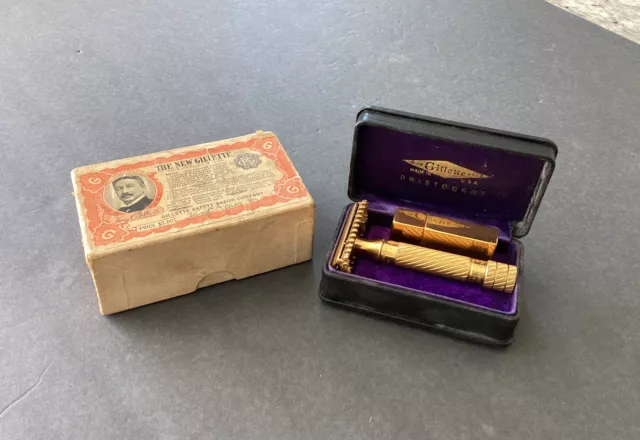 1930s Gillette Open Comb Gold Aristocrat Safety Razor IN BOX SUPER NICE!