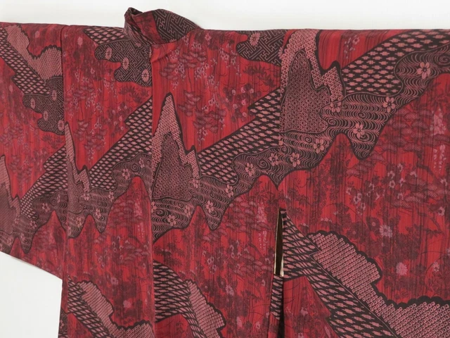 1214i04z680 Vintage Japanese Kimono Silk HAORI Dark red Chrysanthemum 2