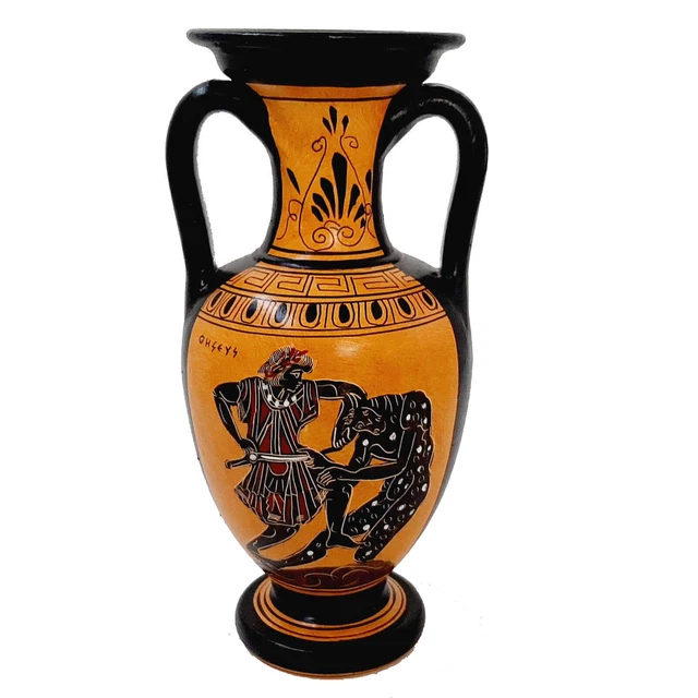 GREEK AMPHORA VASE 22cm,Theseus and the minotaur,Black Figure Pottery