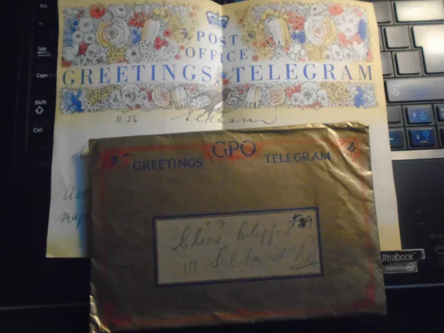 1956 GPO Greetings Telegram, South Norwood, Colour Art Work + Gold Envelope