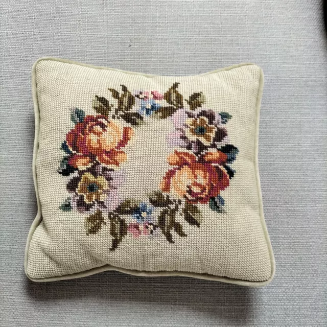 Vintage  wool embroidered  mini cushion with roses &  pale green velvet back