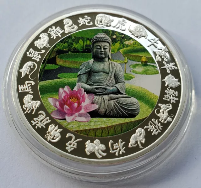 Buddha - Medaille - Silber Auflage - Koloriert - Sehr Selten