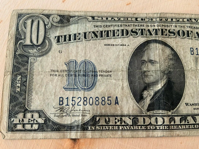 1934-A $10 Ten Dollars Blue Seal Silver Certificate Currency Note -G163 4
