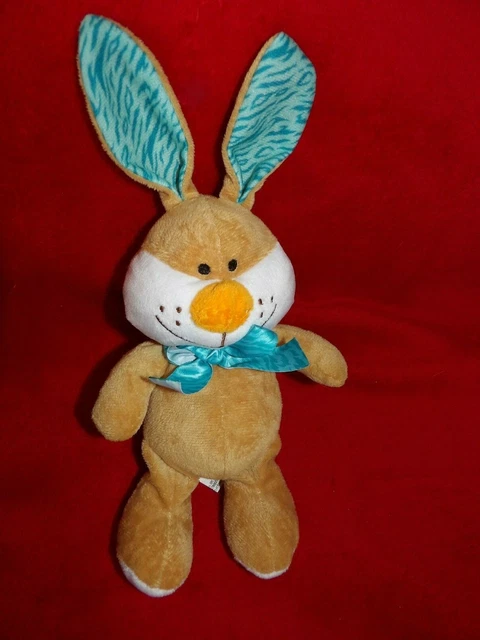 Peluche Doudou Lapin FIZZY Beige Blanc Oreille et Noeud  Bleu Neuf