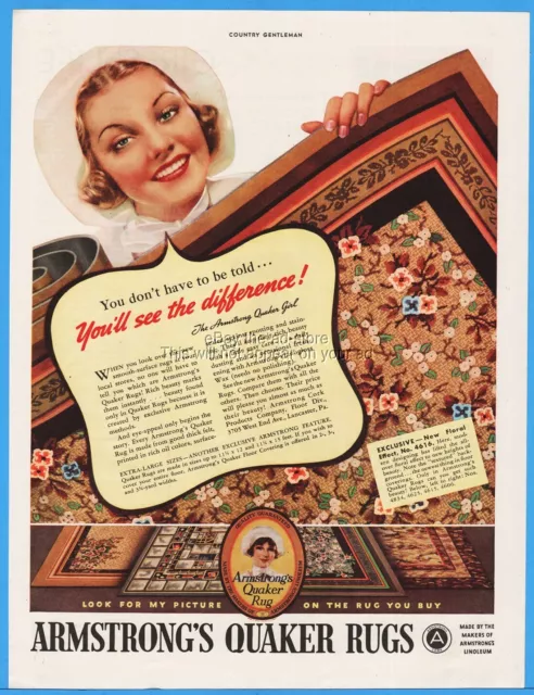 1937 Armstrong Rugs Quaker Girl Lancaster Pennsylvania Vintage Home Decor Ad