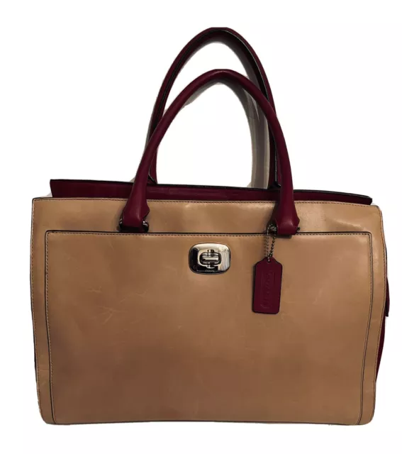 Coach Legacy Leather Chelsea Carryall Handbag Beige/Burgundy  Color Block 25806