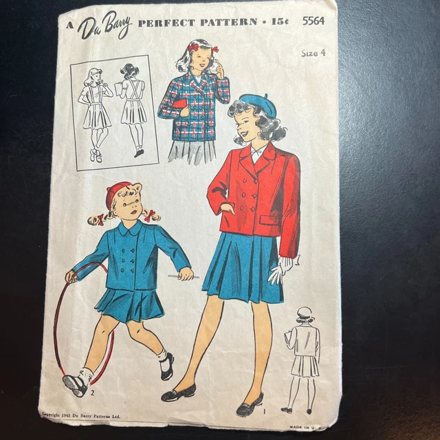 Vintage 40s Du Barry Muster 5564 Mädchen Jacke & Rock Sz 4 Kinder