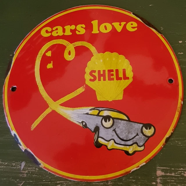 Vintage Enamel Shell Advertising Sign. Rare design. 6" across.