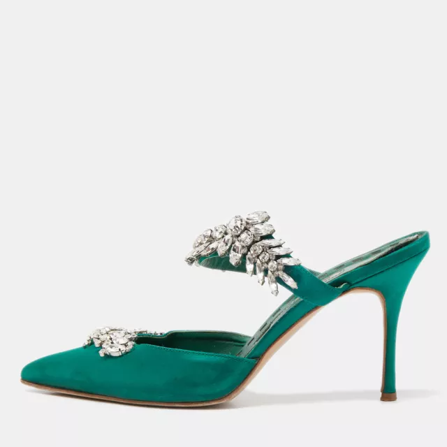 Manolo Blahnik Green Satin Crystal Embellished Lurum Mules Size 37.5