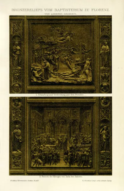 Bronze relief Florenz Baptisterium antike Grafik Chromolithographie ca. 1892