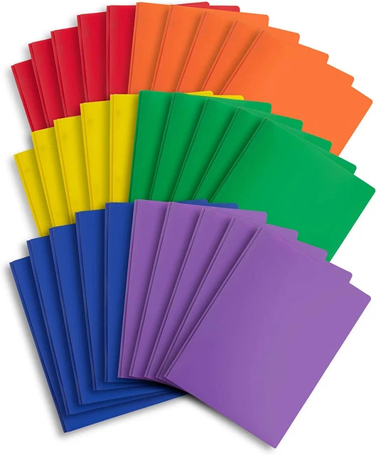 30 Plastic Two Pocket Folders with Prongs, Assorted Color, Durable Poly 2 Pocket