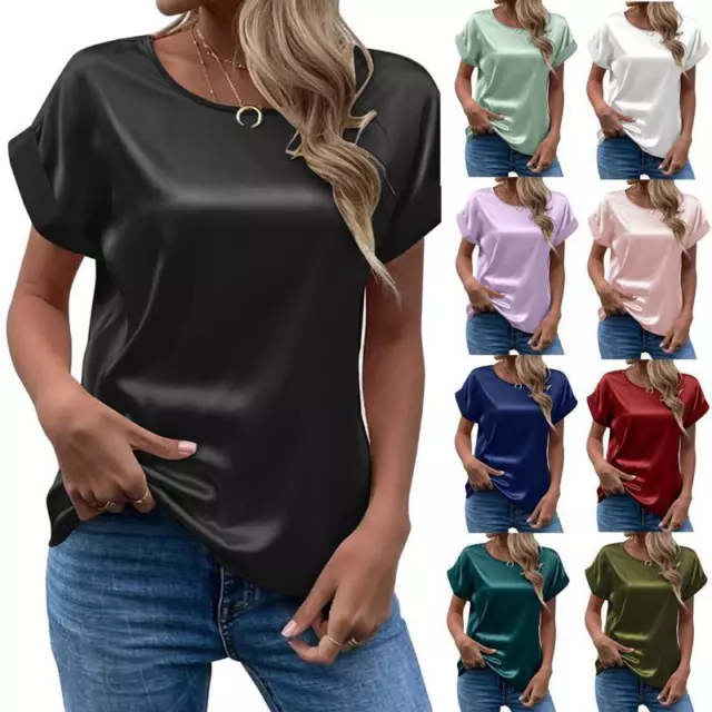 WOMENS SATIN SILK Short Sleeve T Shirt Tops Ladies Casual Baggy Tunic ...
