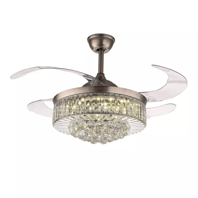 Luxury Retractable LED Chandelier Fan w/ Remote Crystal Ceiling Fan Light Blades