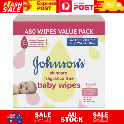 JOHNSON'S Baby Skincare Fragrance Free Baby Wipes 6 x 80 Pack