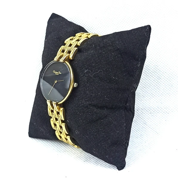 Golden Christian Dior Paris Watch Vintage Wristwatch Luxur Round Black Dial 14