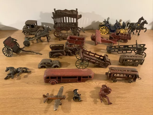 HUGE LOT VINTAGE Antique CAST IRON MOTORCYCLE HORSE WAGON CARRIAGE TRAIN CAR